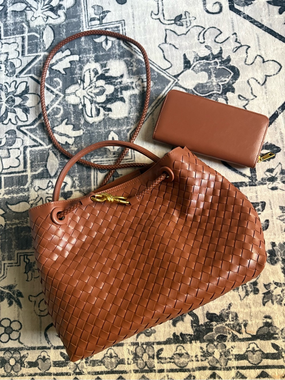 Woven Drawstring Crossbody Bag in Cognac Brown